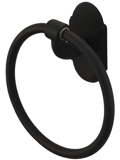 Wrought-Steel Towel Ring with Arched Rosette in Matte Black.